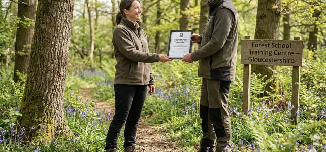 March 2026 Enrolment Alert: Secure Your AIM Level 3 Forest School Spot Now! AIM Level 3 Forest School qualification certificate being handed to a new leader in Gloucestershire